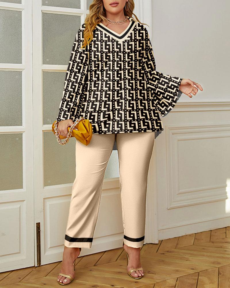 

Plus Size Geo Print Bell Sleeve Top & Pants Set, Khaki