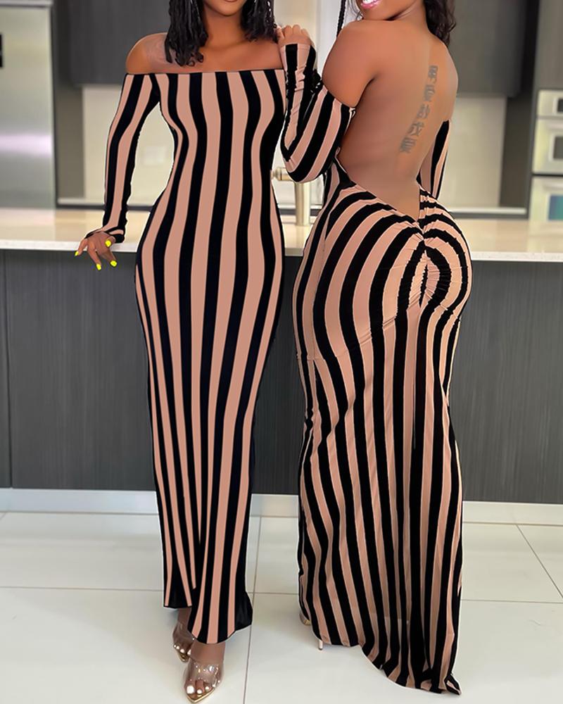 

Striped Backless Off Shoulder Maxi Dress, Brown