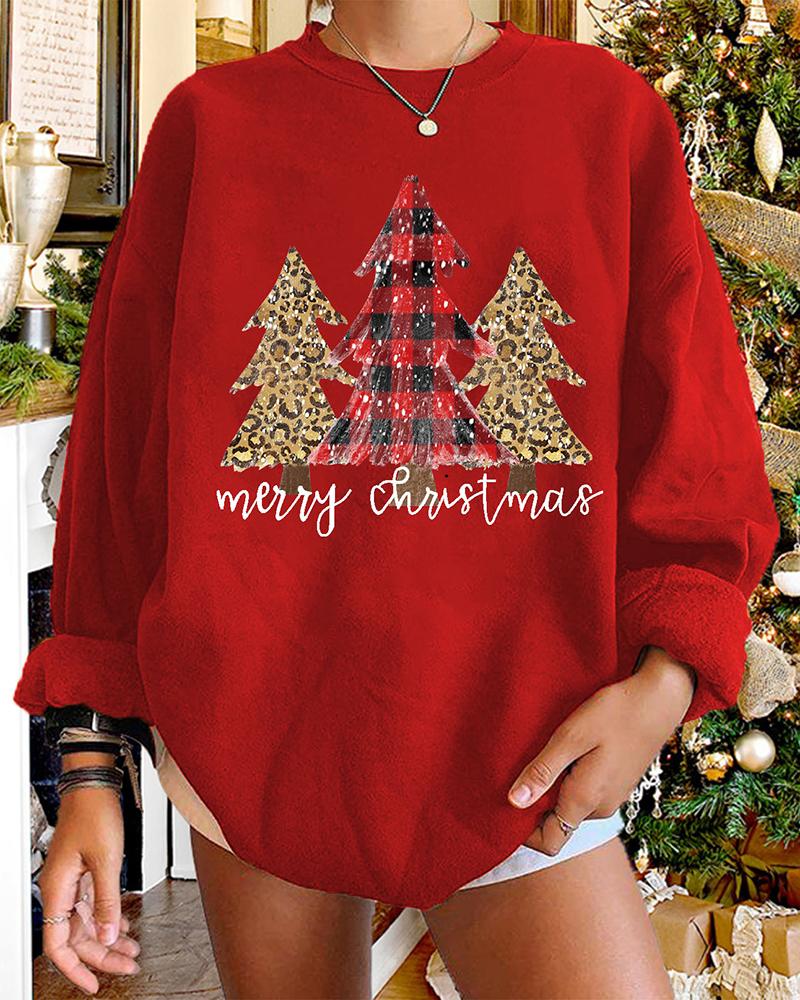 

Christmas O-neck Letter Tree Cheetah Plaid Print Sweatshirt, Red