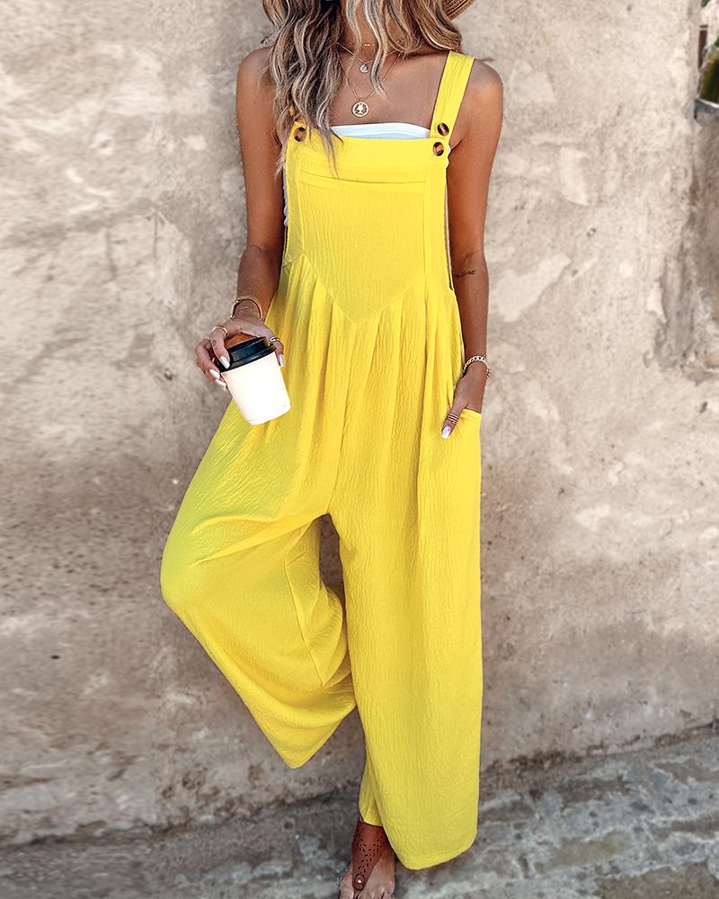 

Adjustable Strap Pocket Design Wide Leg Suspender Jumpsuit, Light yellow