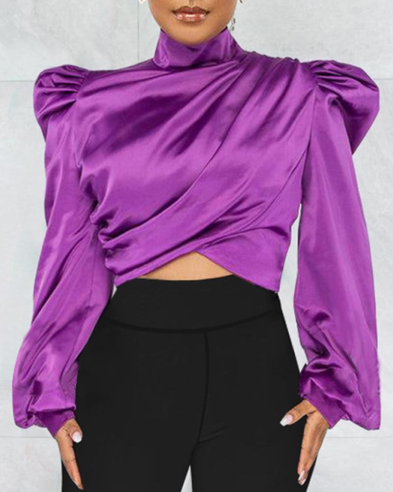 

Puff Lantern Sleeve High Neck Ruched Crop Top, Purple