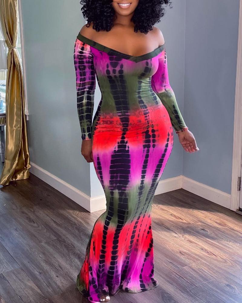 

Off Shoulder Abstract Print Mermaid Dress, Purple