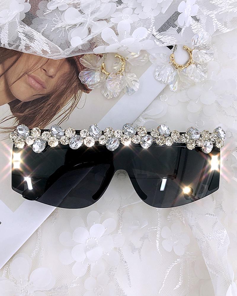 

1Pair Square Frame Rhinestone Decor Sunglasses, Gray