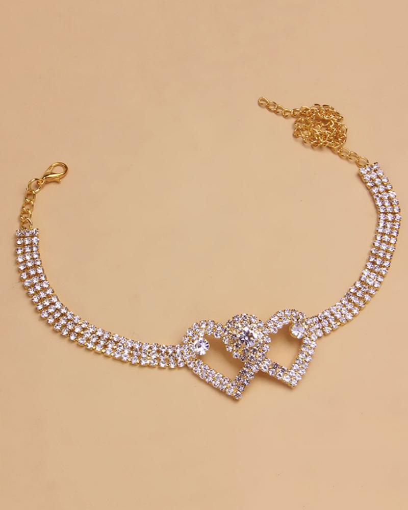 

1pc Rhinestone Chain Double Heart Anklet, Gold