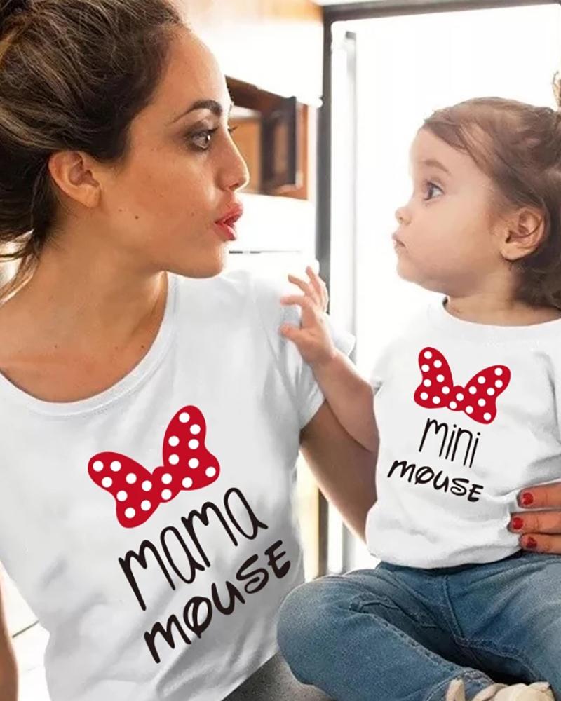 

Mommy & me Bowknot Pattern Letter Print Short Sleeve T-Shirt For Kids, White