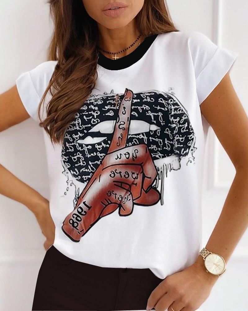 

Lip Hand Print Short Sleeve Casual T-shirt, White
