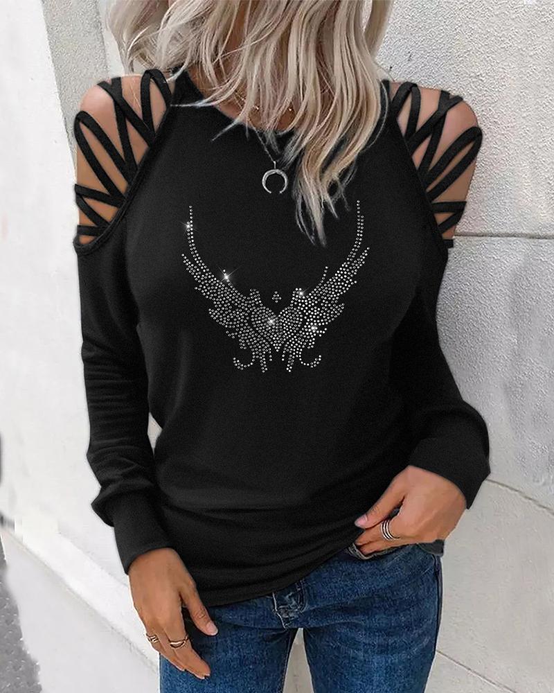 

Rhinestone Graphic Pattern Cold Shoulder Top, Black