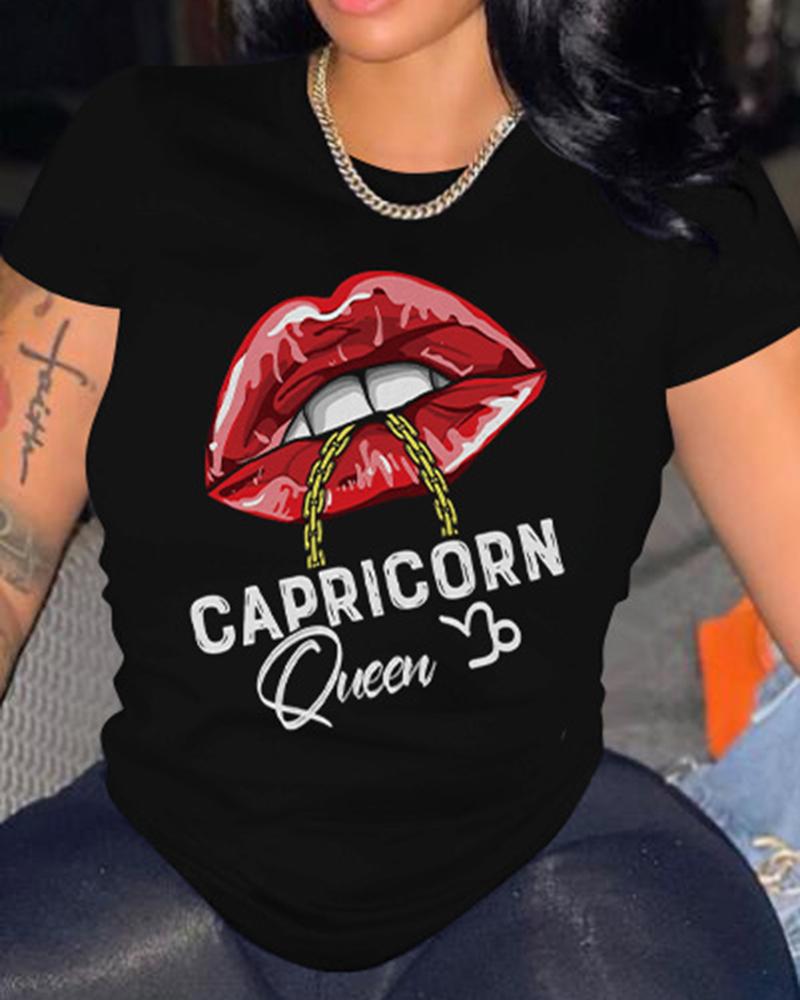 

Women' Graphic Tee Lip Letter Print Short Sleeve T-shirt, Black