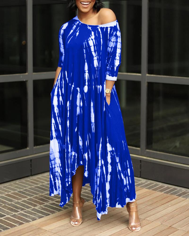 

Wide Collar Slit Tie Dyed Maxi Dress With Pocket, Blue