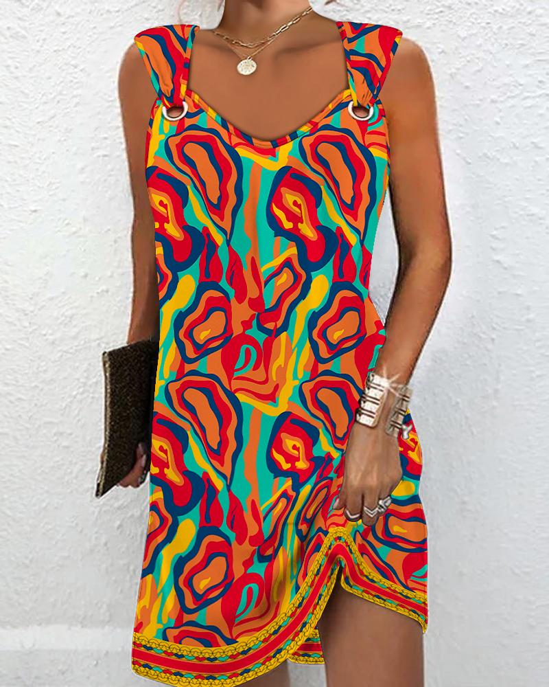 

Multi-Color Abstract Print Striped Eyelet Sleeveless Casual Dress, Orange