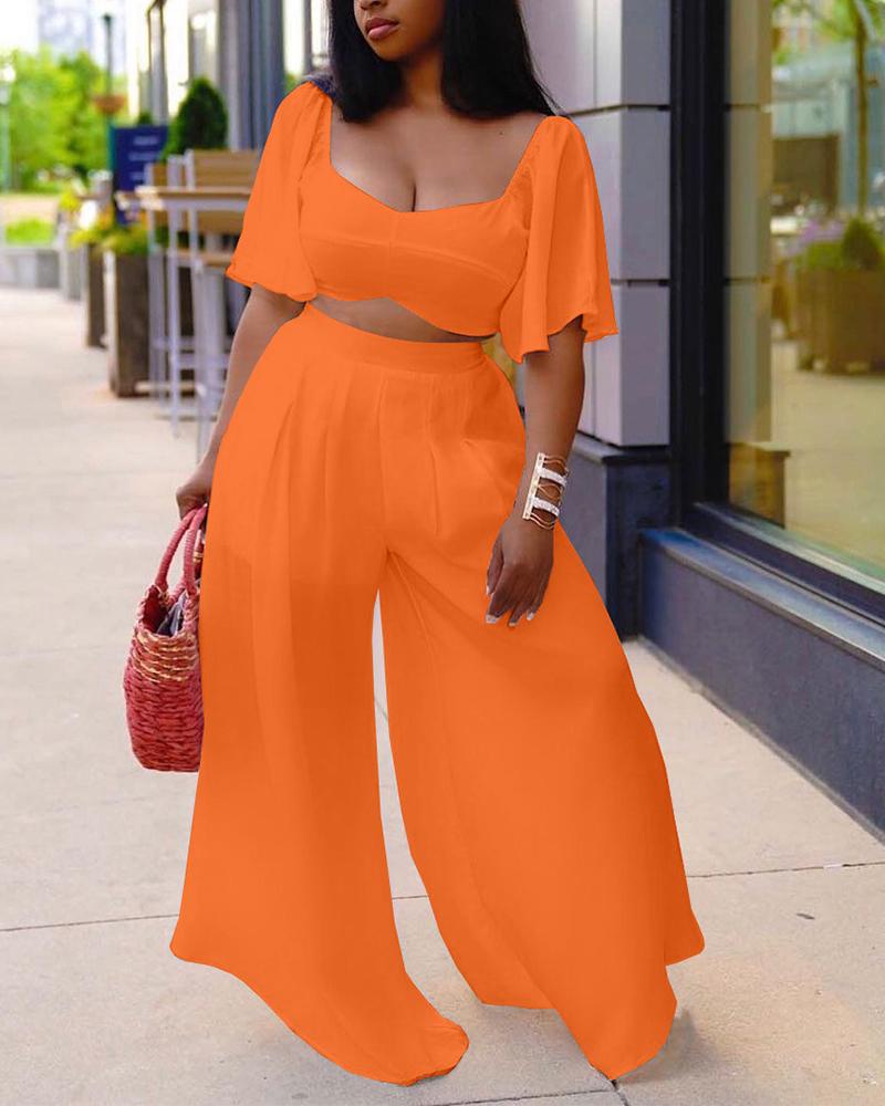 

Solid Short Sleeve Loose T-shirts With Wide Leg Pant Suit Sets, Orange