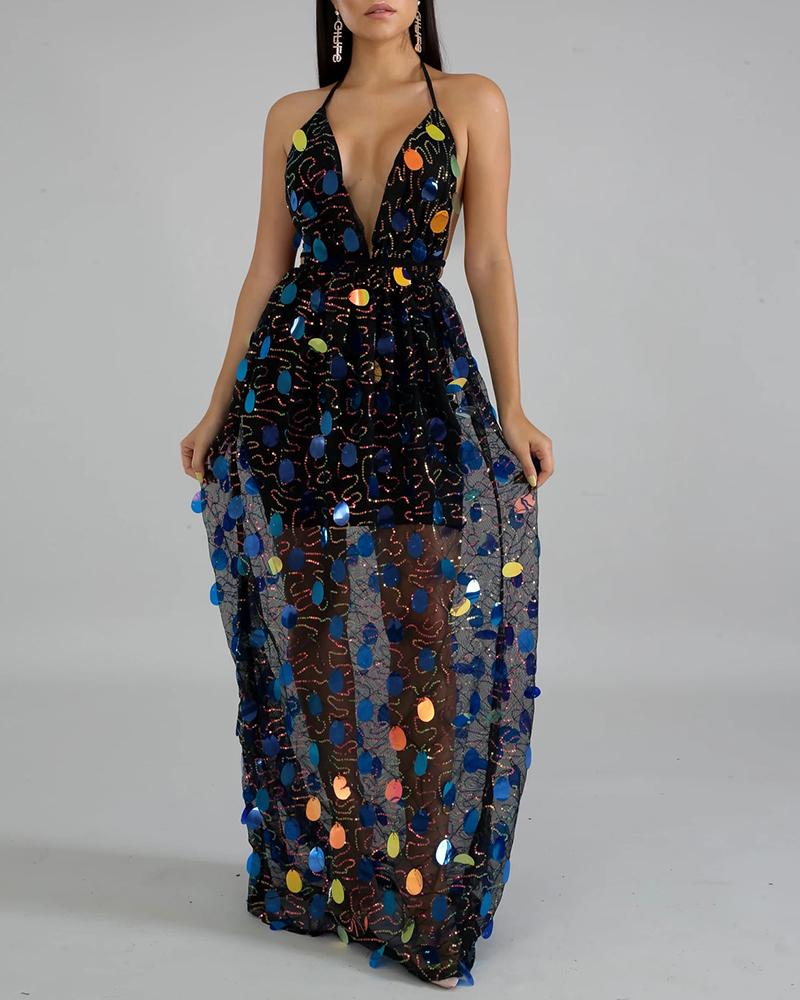 

Halter Backless Colorful Sequins Mesh Prom Dress, Black