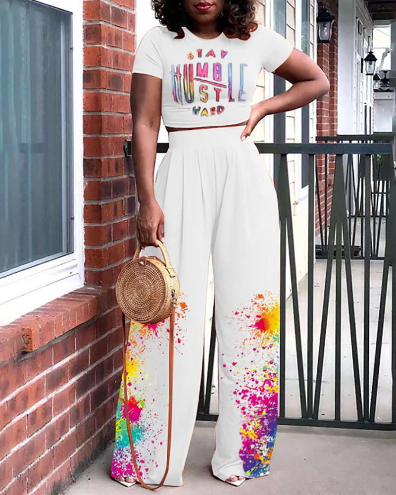 

Letter Print T-shirt & Ink Splash Wide Legs Pants Set, White