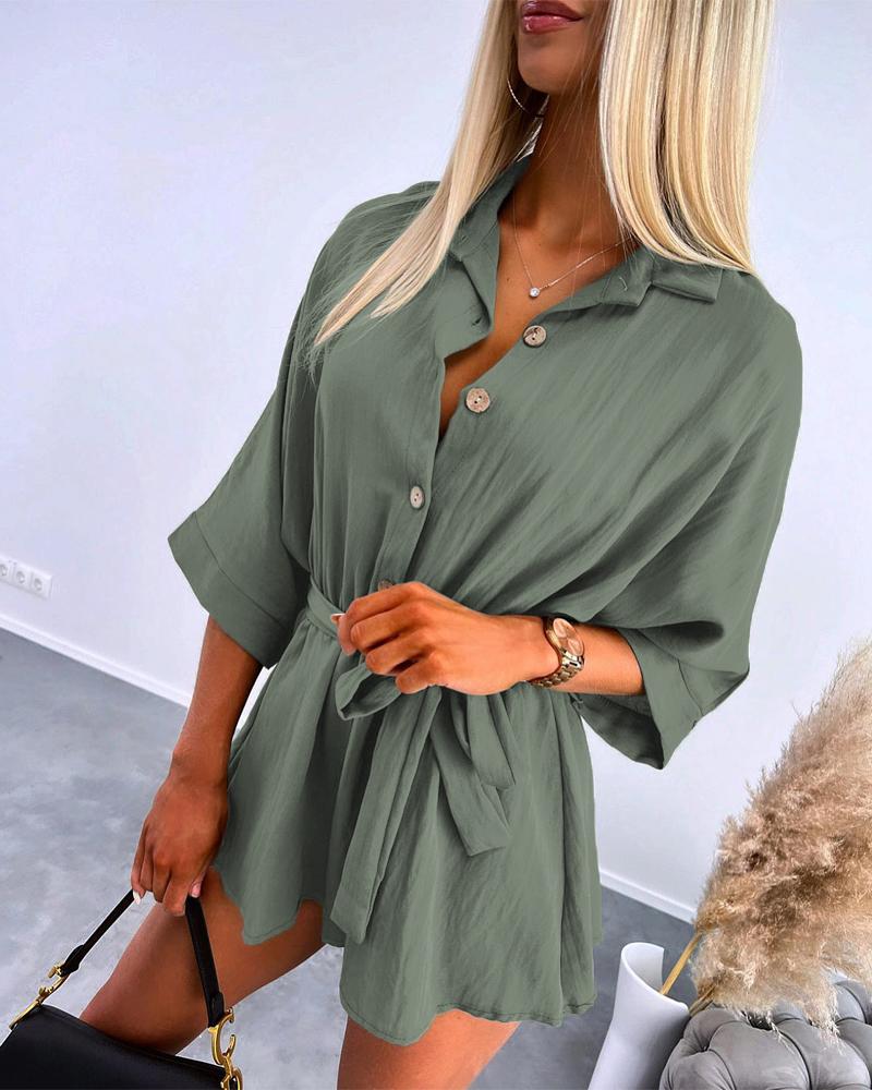 

Turn-down Collar Buttoned Tied Detail Romper, Green