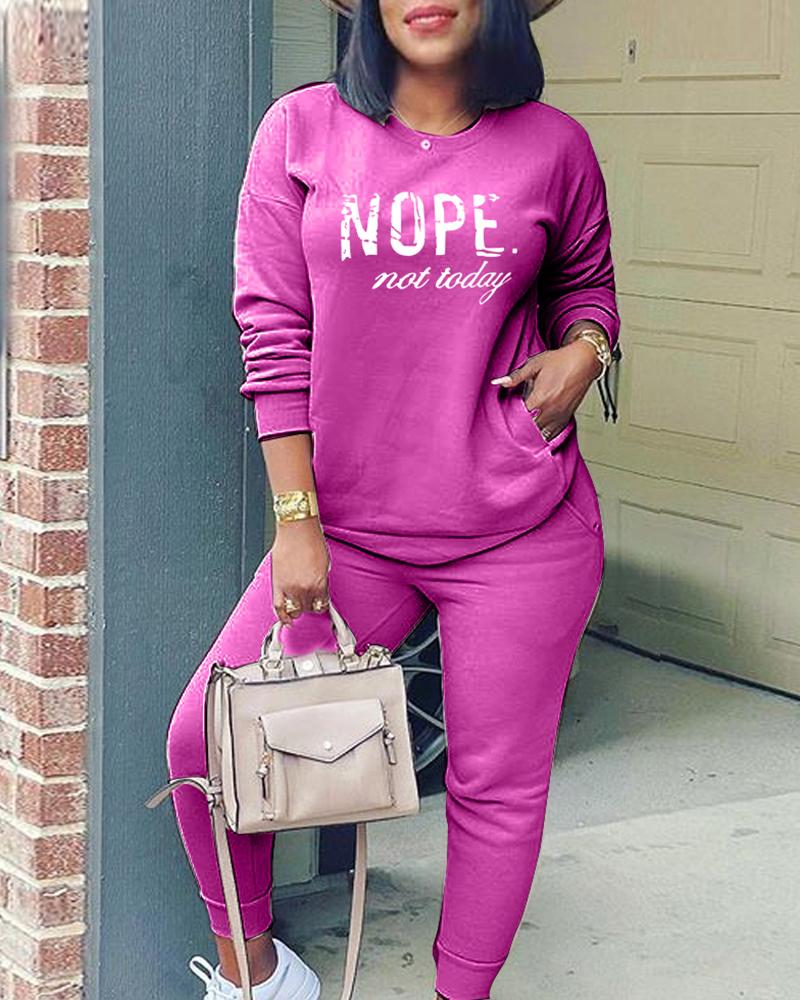 

Letter Print Round Neck Top & Pants Set, Hot pink