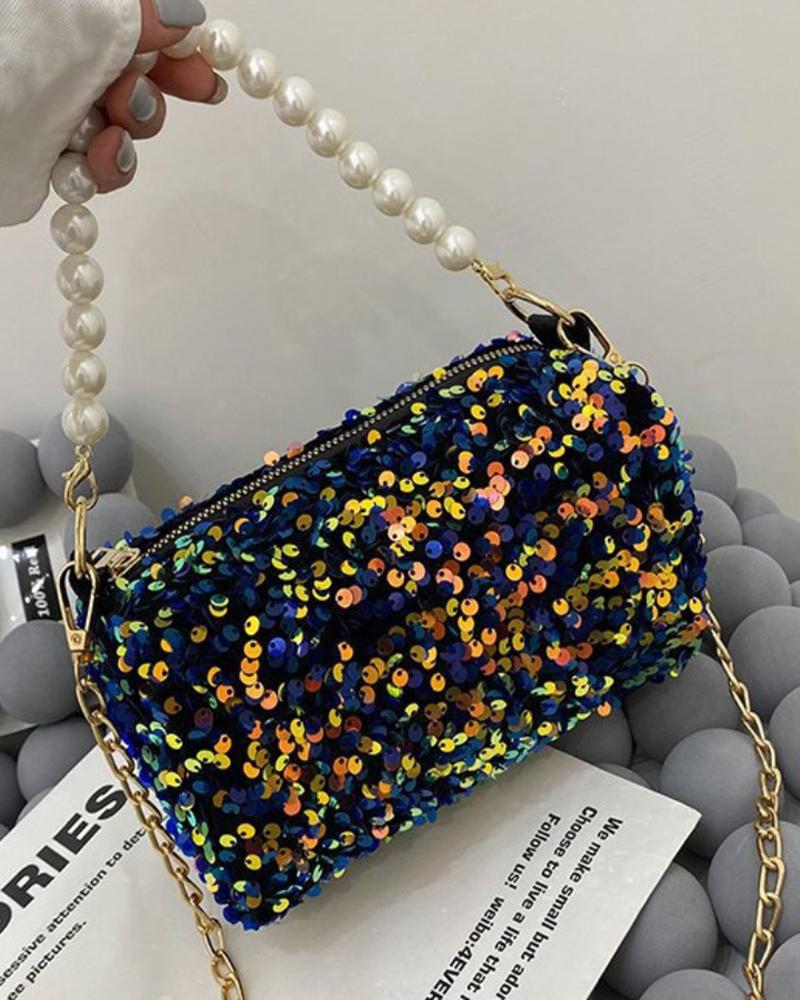 

Sequins Beaded Strap Satchel Bag, Black
