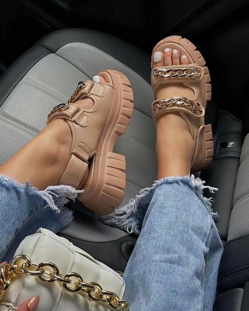 

Round-toe Solid Color Splicing Chain Platform Sandals, Brown