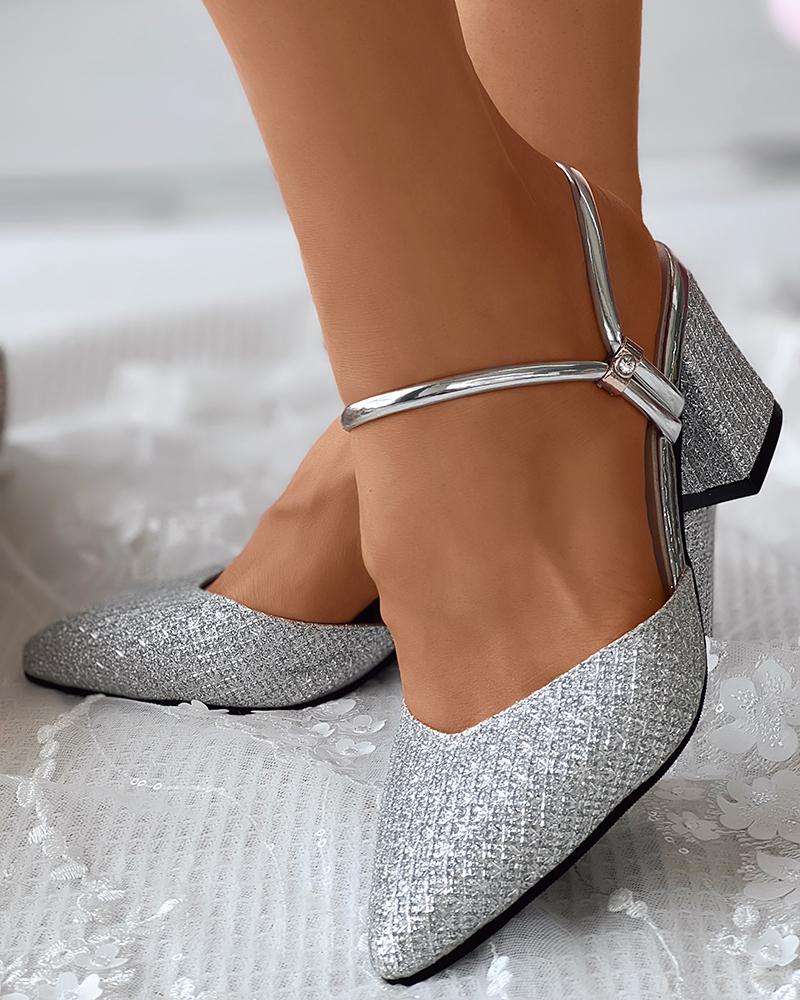 

Glitter Slingback Chunky Heels Wedding Guest Shoes, Silver