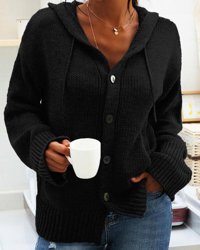 

Long Sleeve Button Front Hooded Cardigan, Black