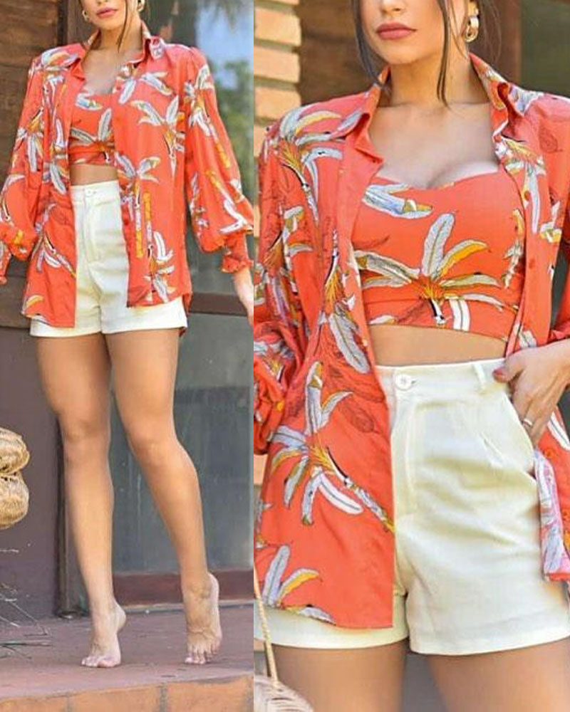 

Leaf Print Crop Top & Lantern Sleeve Shirt Set, Orange