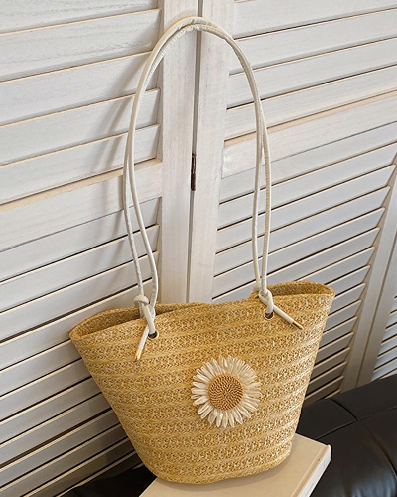 

Daisy Straw Beach Shoulder Bucket Bag, Beige