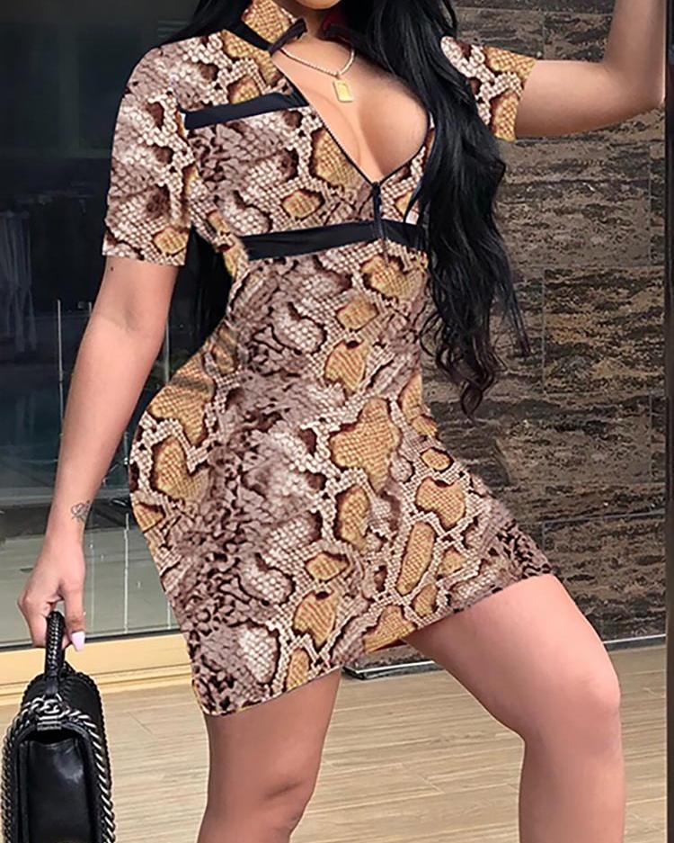 

Plunge Snakeskin Print Bodycon Dress, Brown