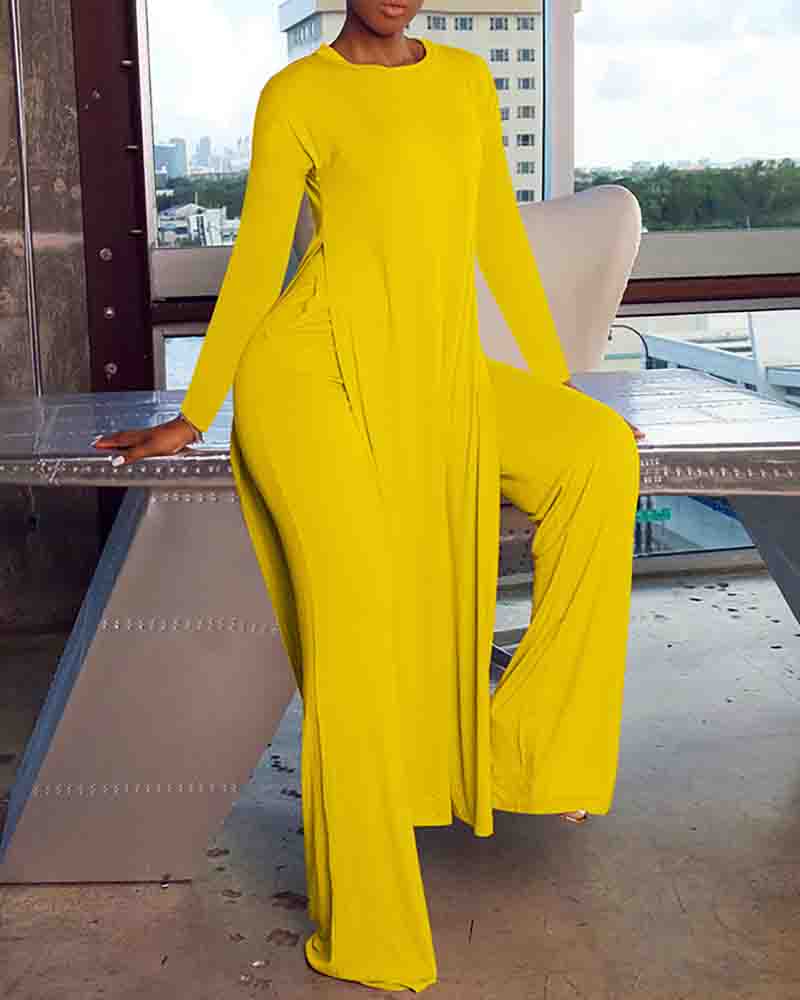

High Slit Longline Top & Pocket Design Pants Set, Yellow