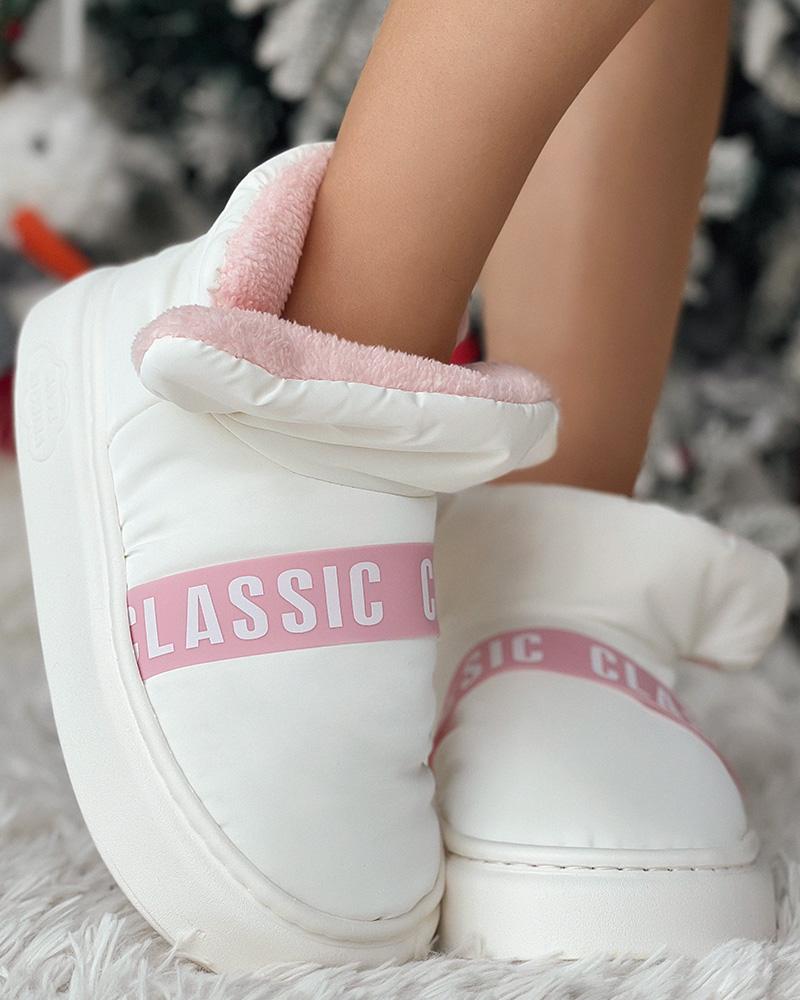 

Letter Pattern Lined Puffer Bootie Slippers, Beige