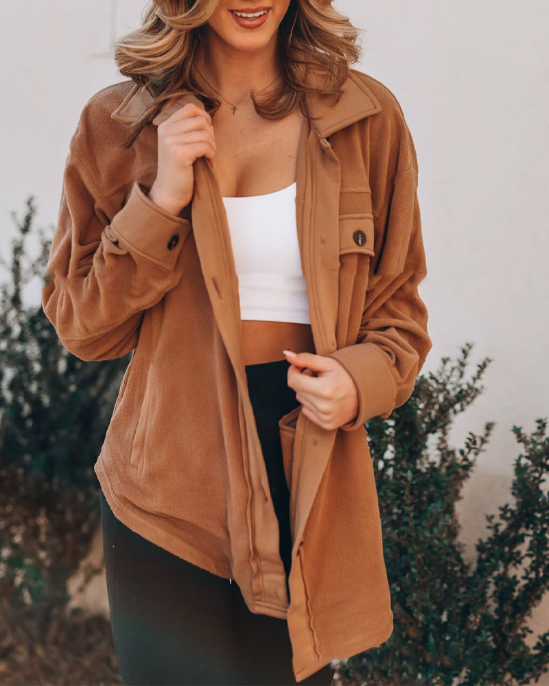

Long Sleeve Flap Detail Button Down Shacket, Khaki