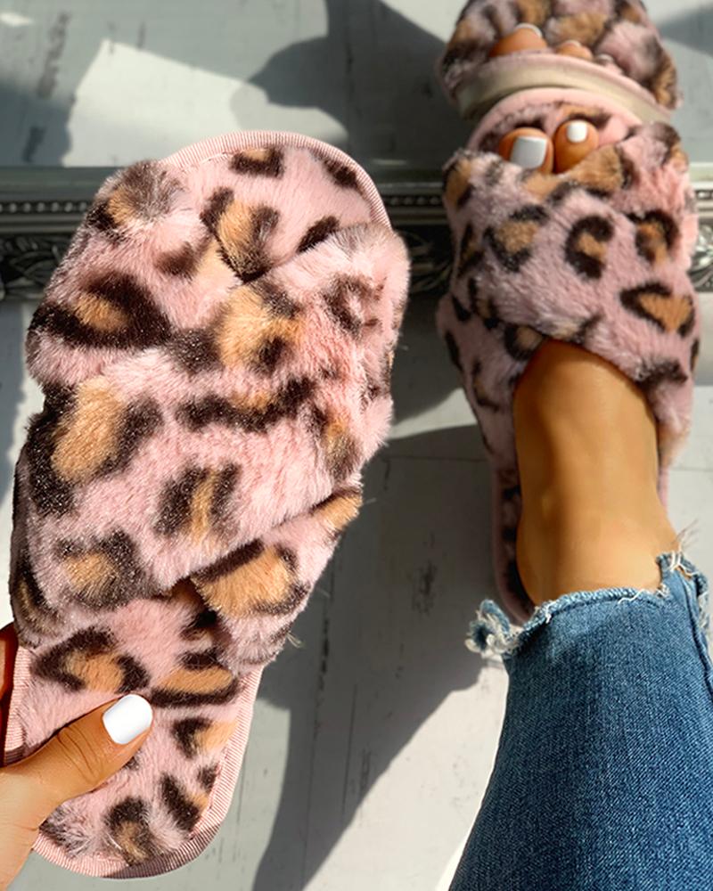 

Fluffy Leopard Crisscross Flat Slippers, Pink
