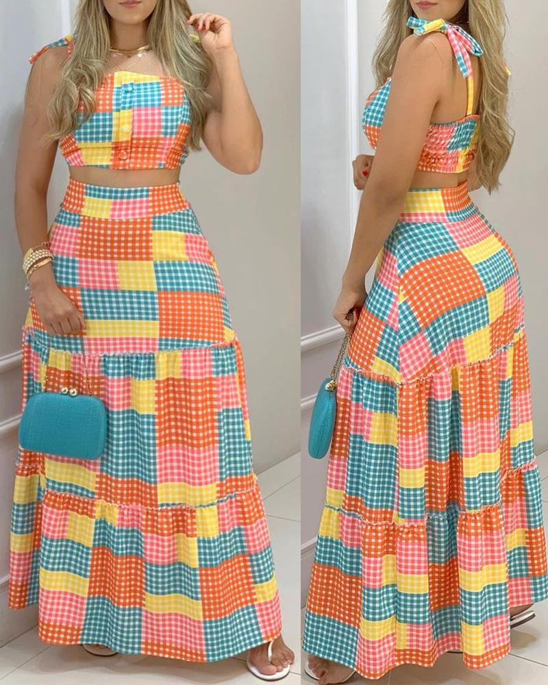 

Plaid Colorblock Tied Detail Crop Top & Maxi Skirt Set, Multicolor