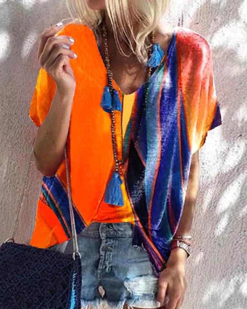 

V Neck Colorblock Short Sleeve T-Shirt, Orange