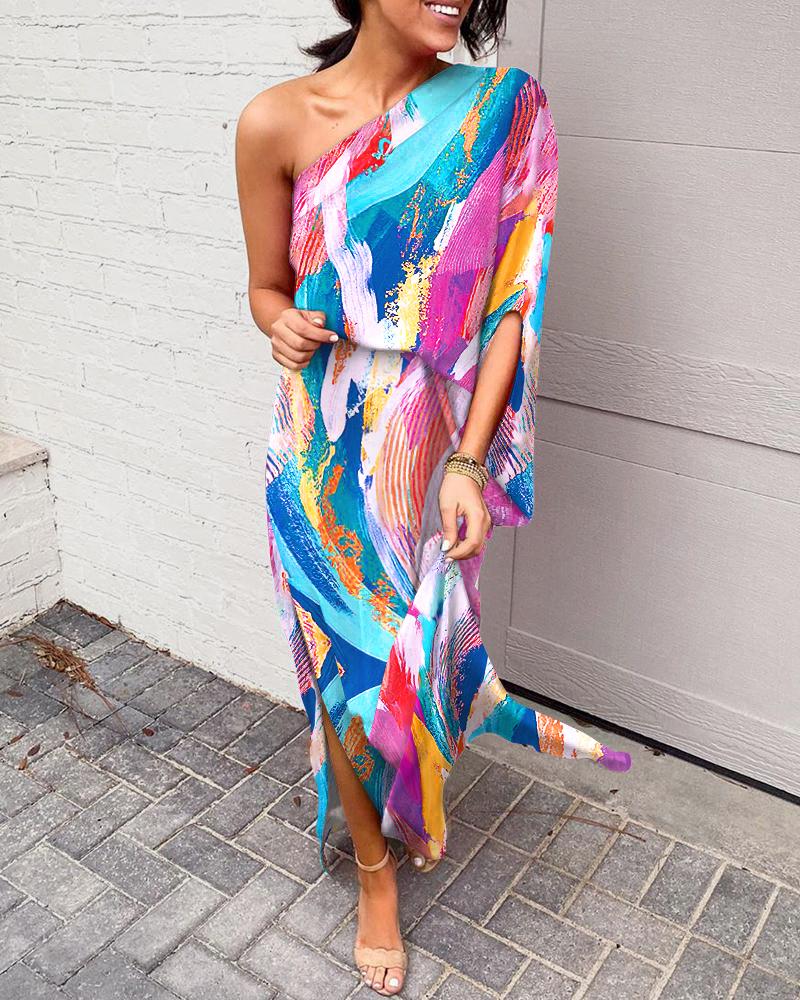 

Abstract Print One Shoulder Split Hem Maxi Dress, Multicolor
