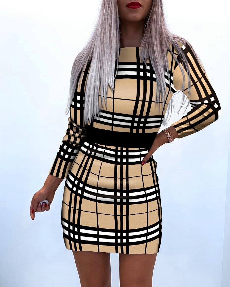 

Plaid Print Long Sleeve Bodycon Dress, Black