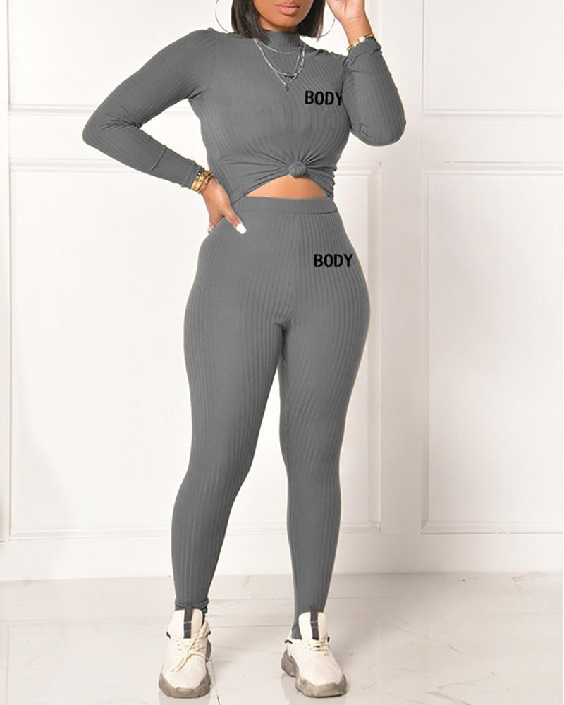 

Ribbed Letter Pattern Long Sleeve Top & High Waist Pants Set, Gray