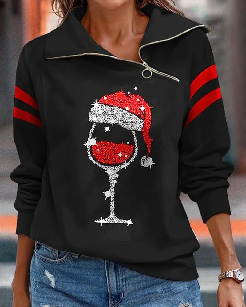 

Christmas Wine Glass Print Contrast Paneled Zipper Design Top, Black