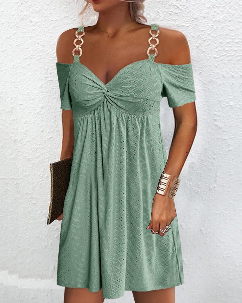 Cold Shoulder Eyelet Embroidery Twisted Casual Dress