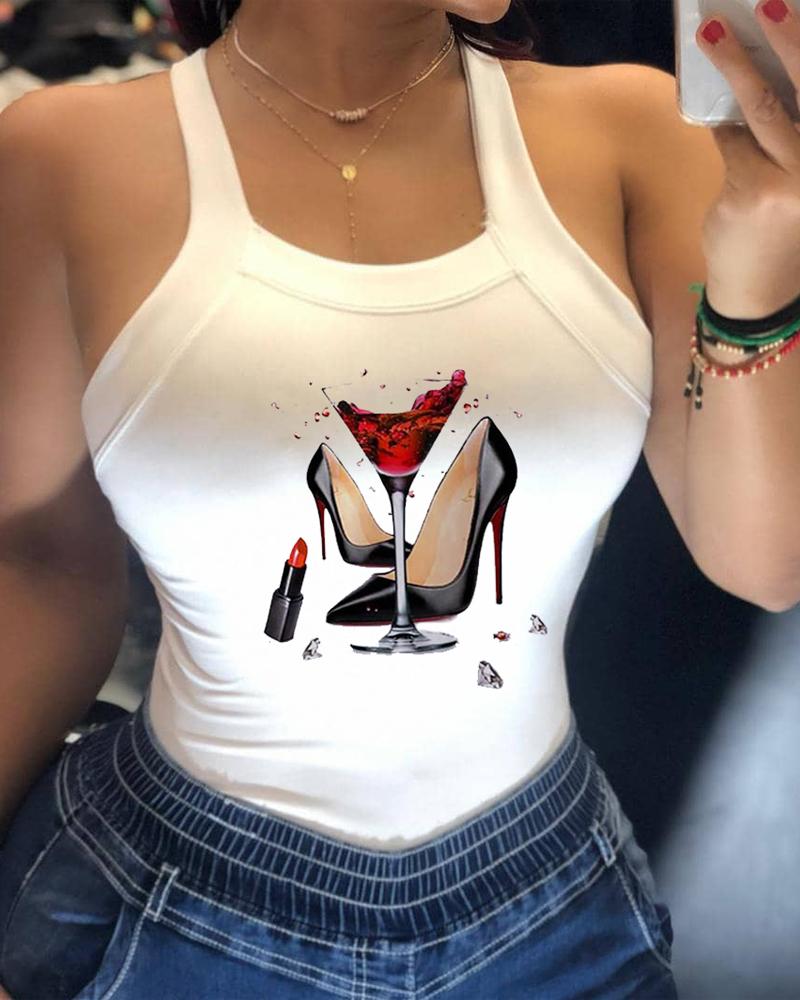 

Wine Glass Graphic Print Bowknot Decor Tank Top, White