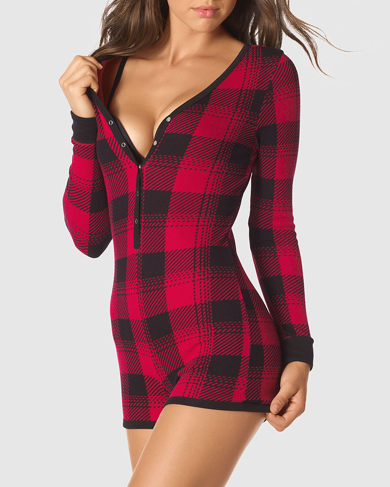 

Plaid Print Button Front Lounge Romper, Red