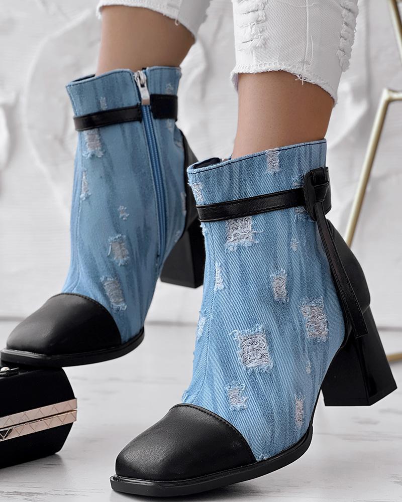 Bottines en denim déchiré à ourlet épais