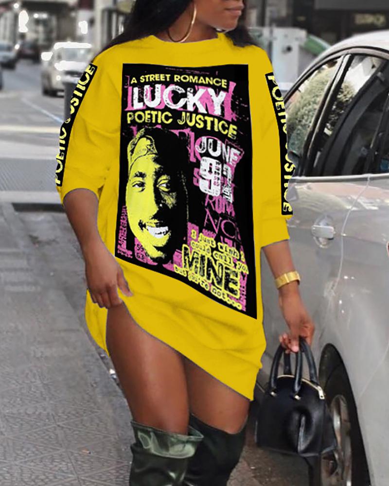 

Figure Letter Print Long Sleeve Sweatshirt Dress, Yellow