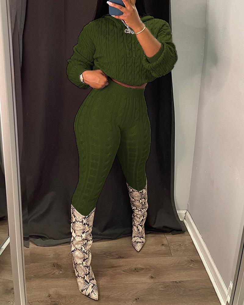 

Long Sleeve Cable Knit Hooded Sweater & Pants Set, Green