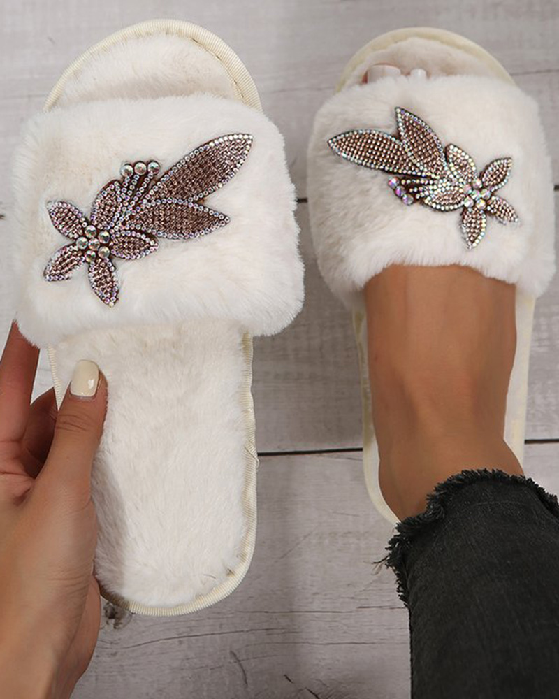 

Floral Pattern One Strap Fuzzy Slippers, Beige