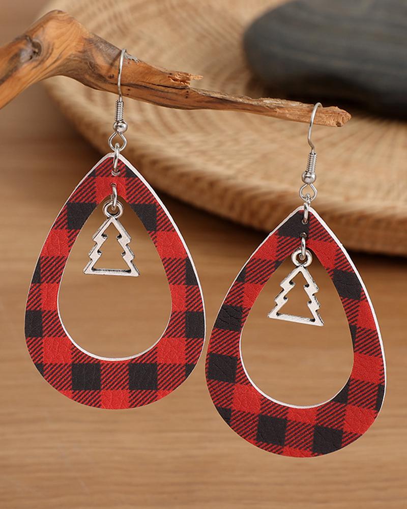

1Pair Hollow Out Christmas Tree Pattern Plaid Waterdrop Earrings, Red