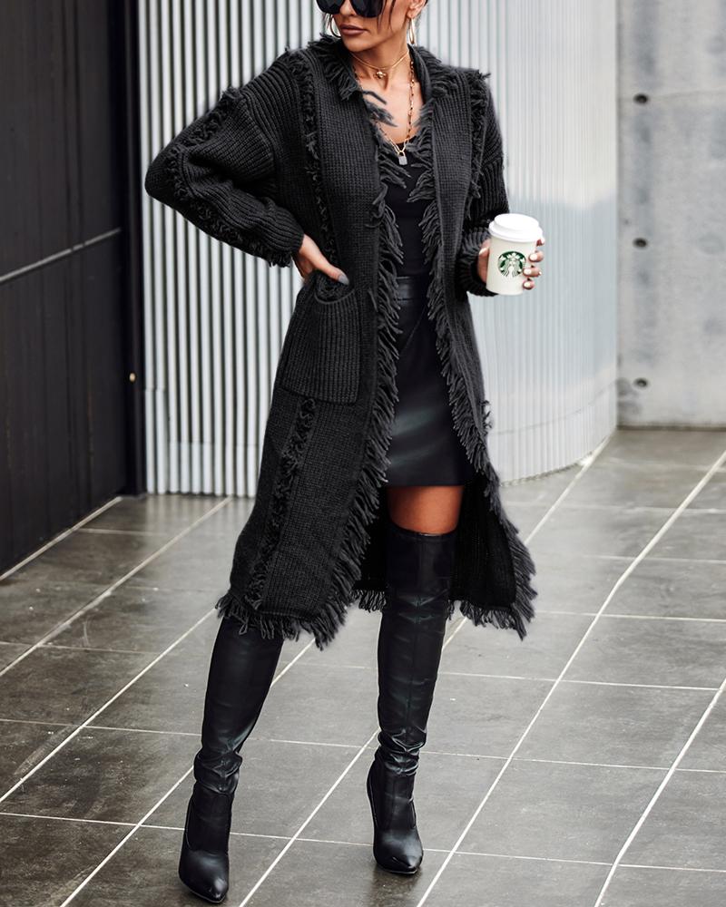 

Open Front Tassel Design Knit Cardigan, Black