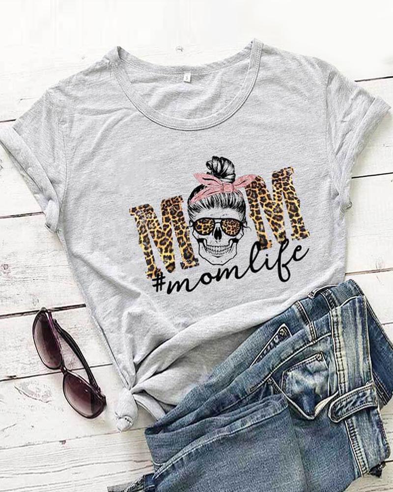 

Mother' Day Leopard Letter Skull Print Short Sleeve T-Shirt, Gray