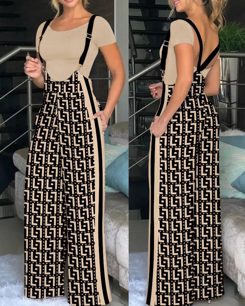 

Geometric Print Wide Leg Suspender Jumpsuit, Khaki