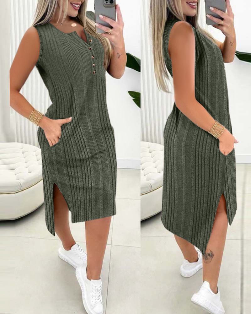 

Buttoned Pocket Design Ribbed Casual Dress, Army green