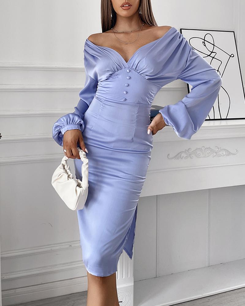

Lantern Sleeve Ruched Buttoned Satin Party Dress, Blue