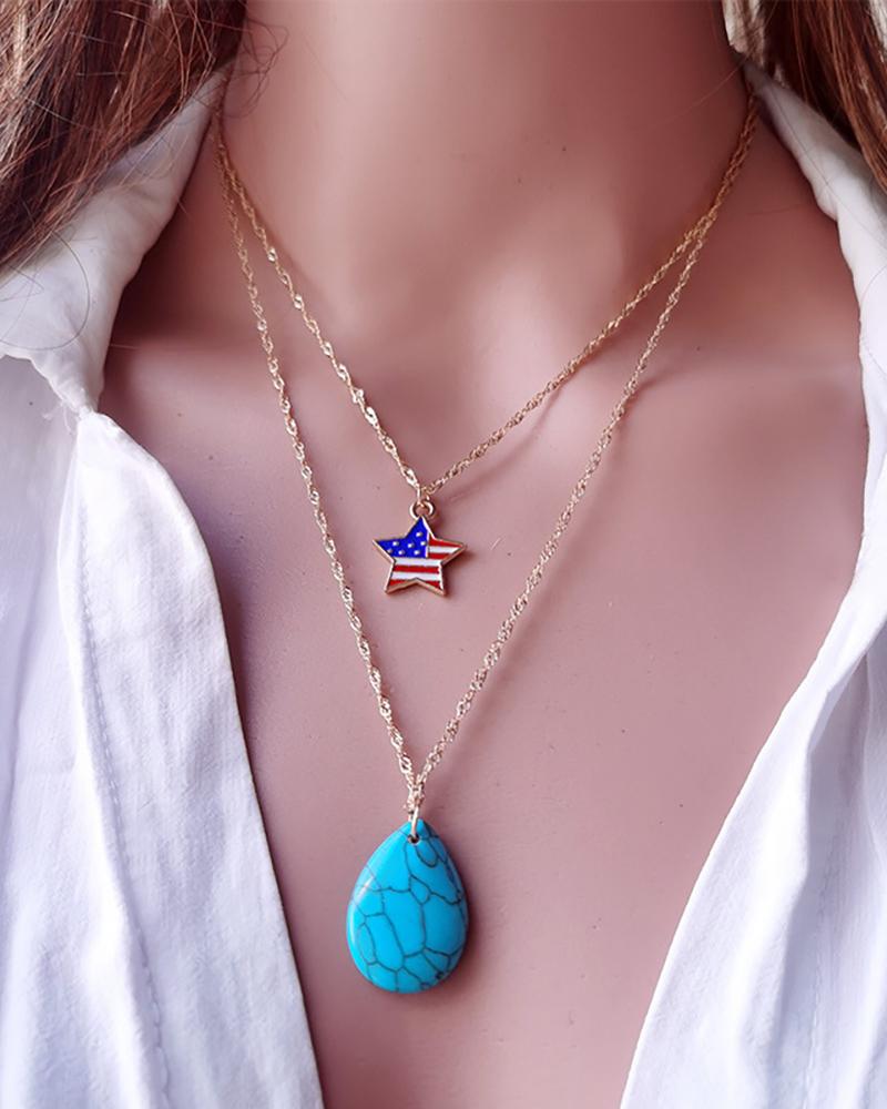 

Independence Day Dragonfly Heart Flag Pattern Multi-layer Chain Necklace, Style2